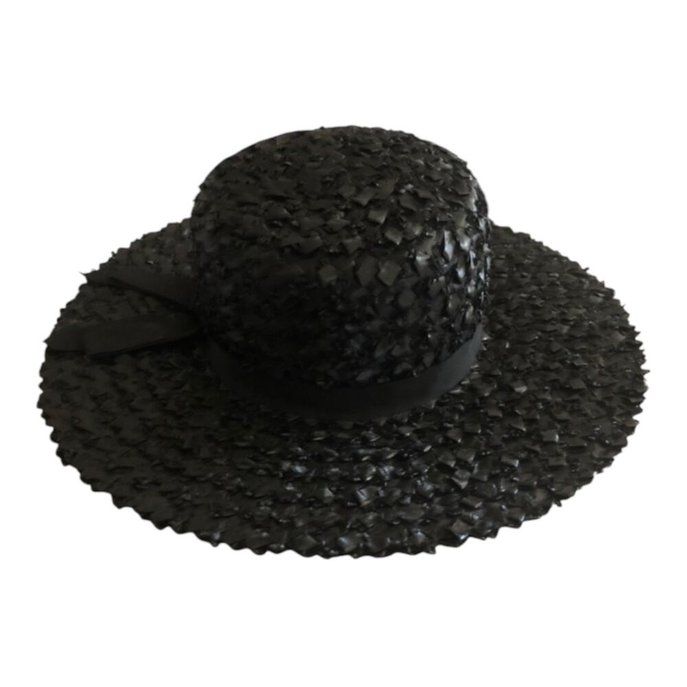 Vintage Black Straw Wide Brim Hat Ribbon Trim Boho Chic Sun Hat With Box - Picture 4 of 13